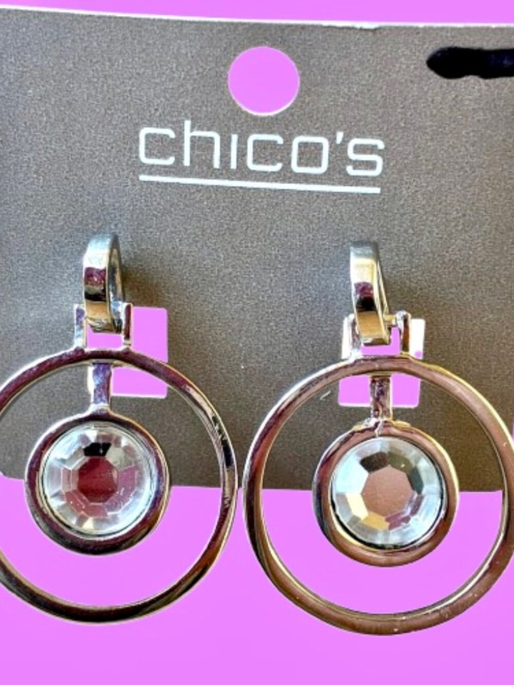 Chico's Silver Tone Double Circle CLEAR Crystal Drop Dangle Pierced Earrings